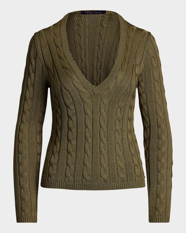 Cable-Knit Silk V-Neck Sweater
